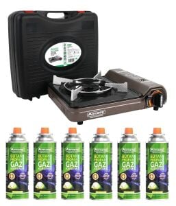 Orcamp Tekli Portatif Ocak Gaz Stop Emniyetli / Gri + 6 Adet Kartuş Seti