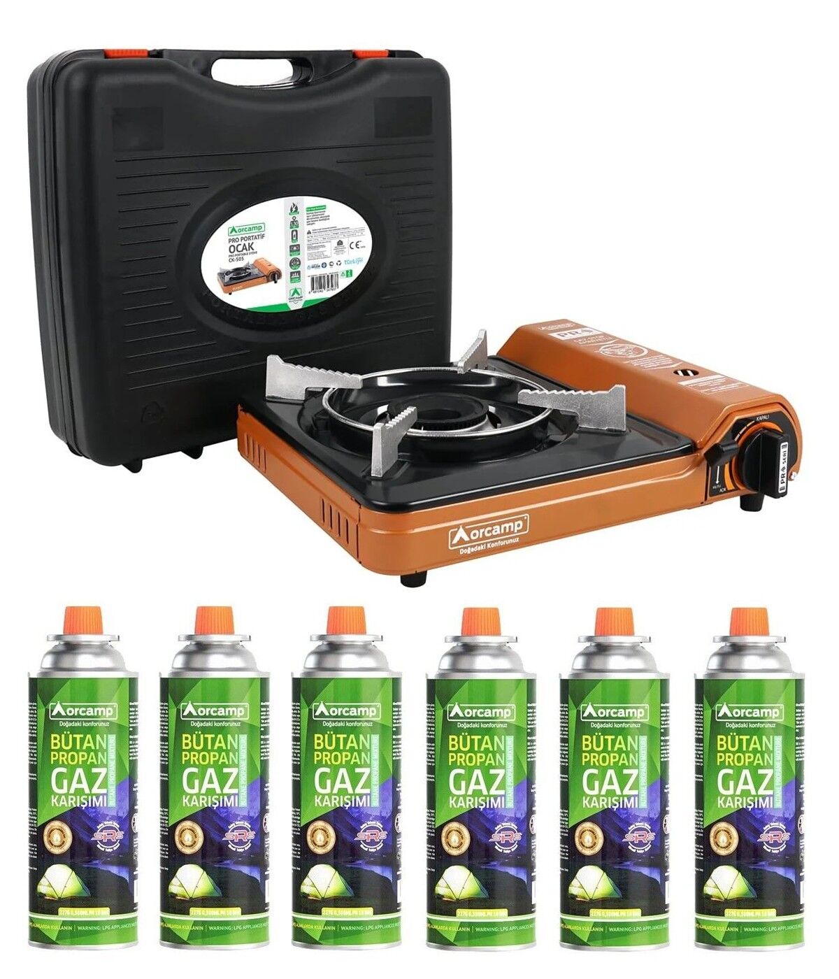 Orcamp Tekli Portatif Ocak Gaz Stop Emniyetli / Turuncu + 6 Adet Kartuş Seti