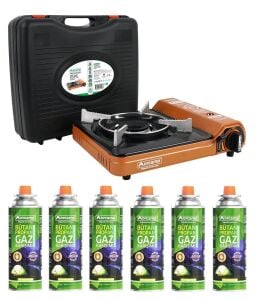 Orcamp Tekli Portatif Ocak Gaz Stop Emniyetli / Turuncu + 6 Adet Kartuş Seti