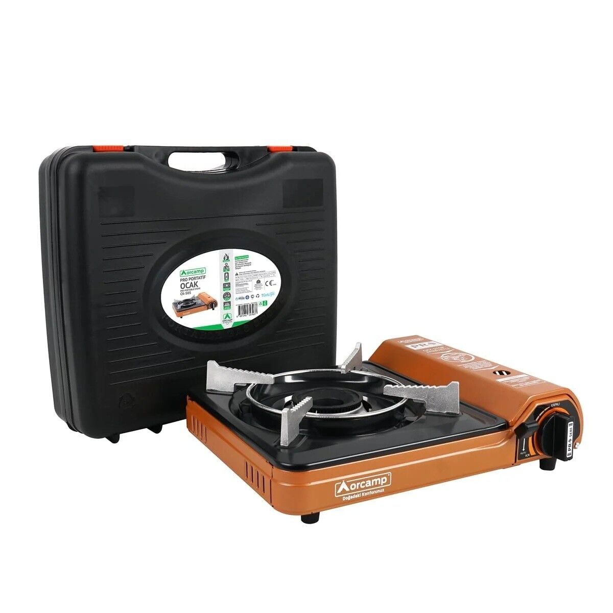 Orcamp Tekli Portatif Ocak Gaz Stop Emniyetli / Turuncu + 6 Adet Kartuş Seti
