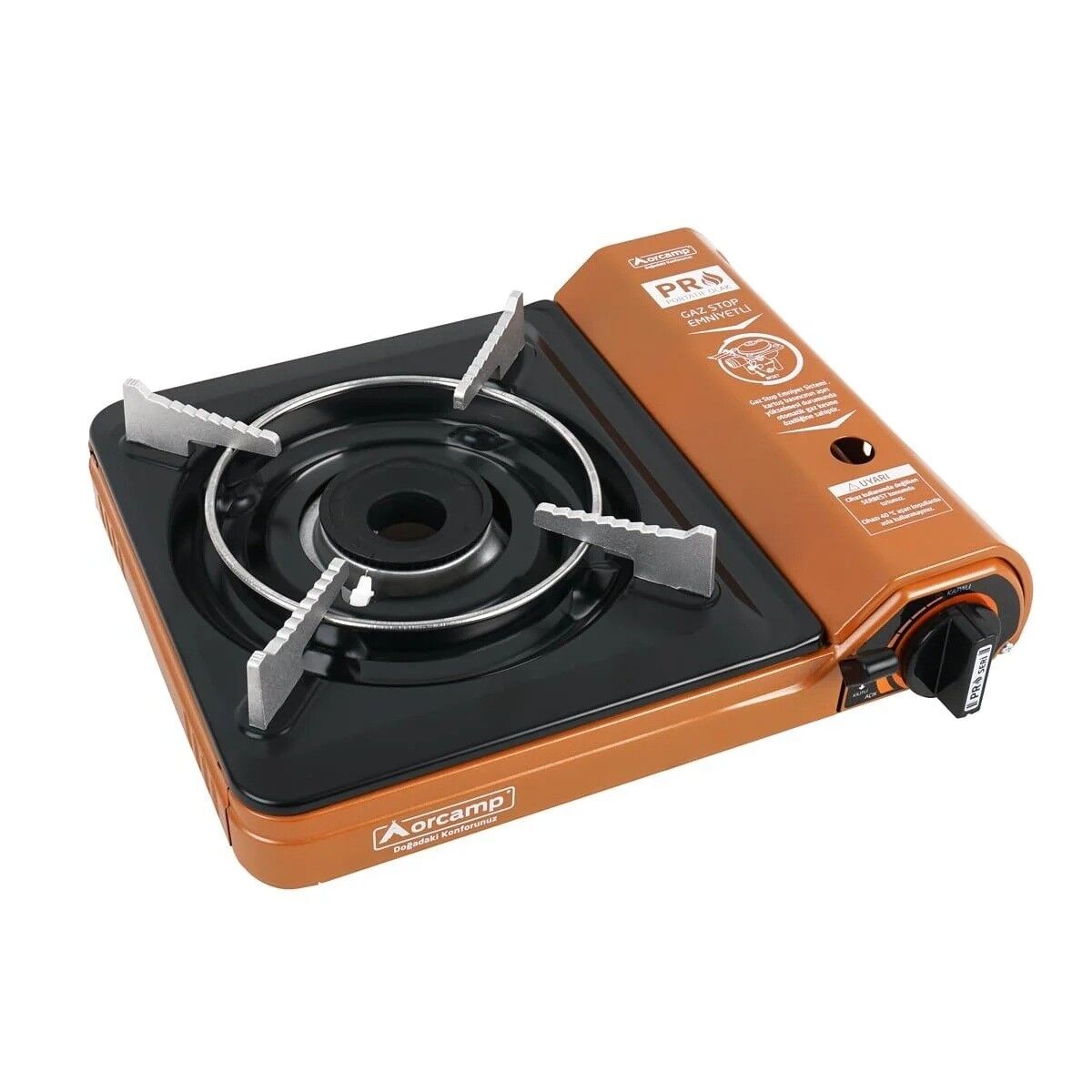 Orcamp Tekli Portatif Ocak Gaz Stop Emniyetli / Turuncu + 6 Adet Kartuş Seti