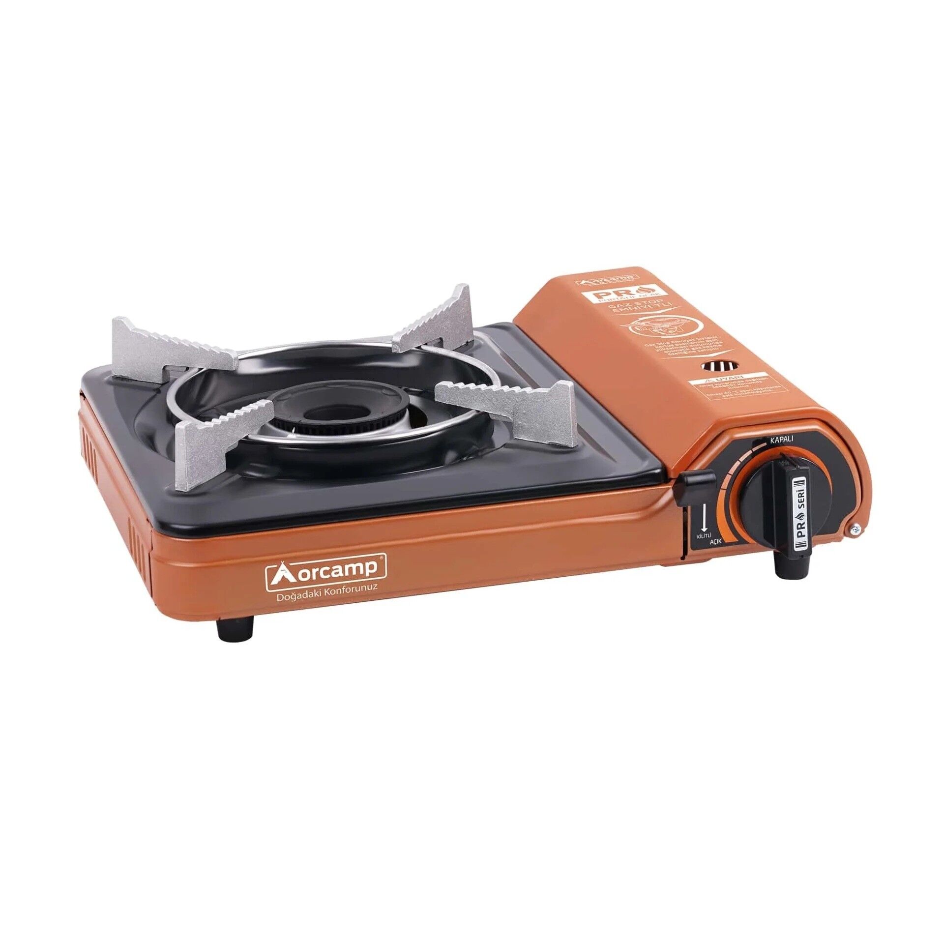 Orcamp Tekli Portatif Ocak Gaz Stop Emniyetli / Turuncu + 6 Adet Kartuş Seti