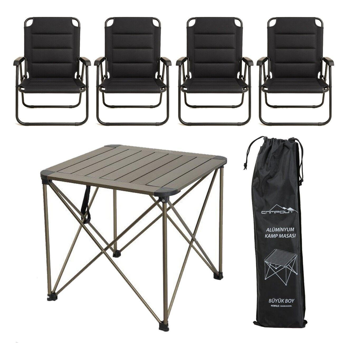 YekOutdoor Katlanabilir Büyük Alüminyum Kamp Masası ve 4 Kişilik Konforlu Kamp Sandalyesi Seti