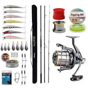 YekOutdoor Yüksek Performans Okuma Olta Seti Okuma Alijos Surf 435 cm 100+250 gr 3 Parça&Okuma Flite Surf FLS35-1500AY Gunsmoke 9+1BB Olta Makinesi